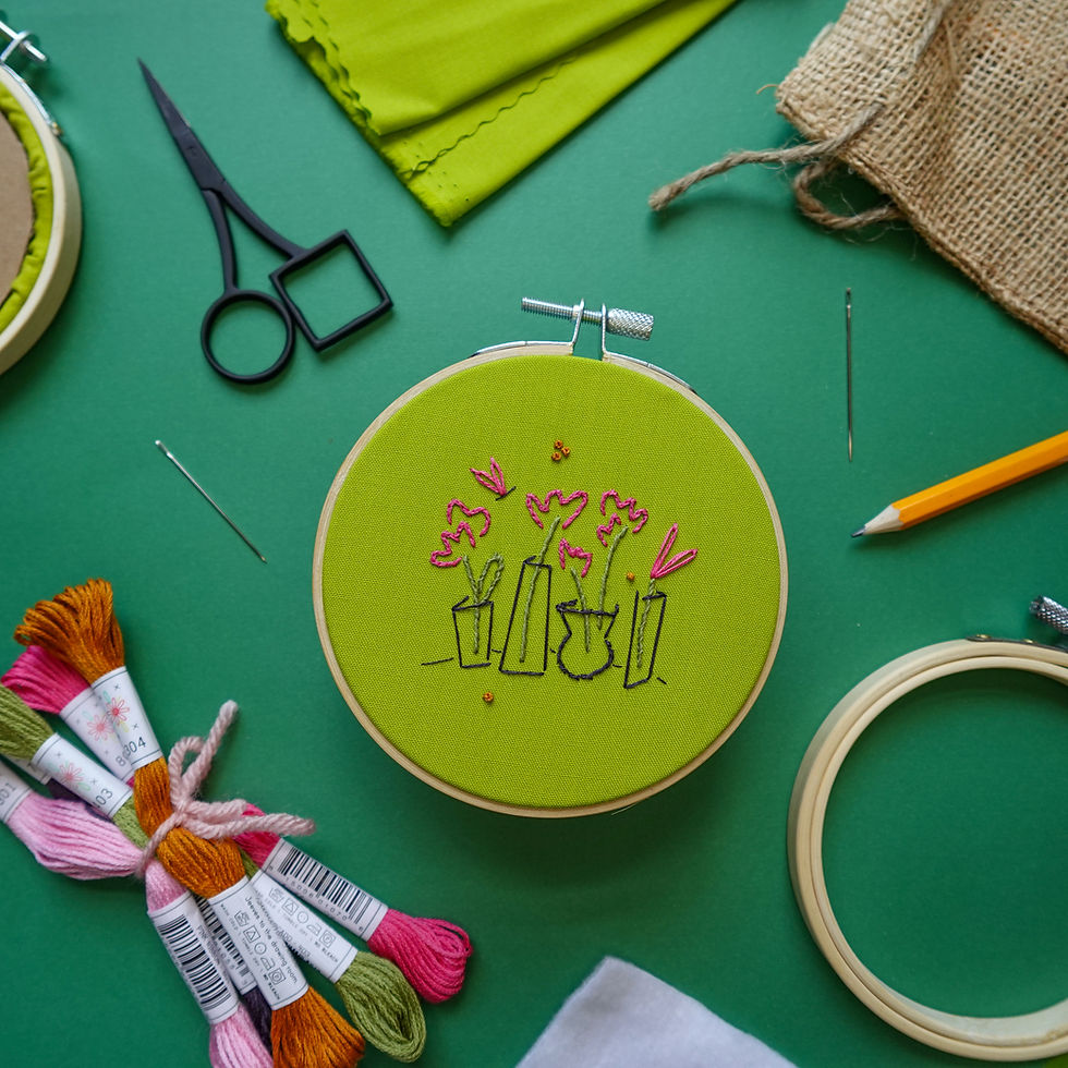 Thumbnail: Embroidery project featuring four simple pink flower buds in vases stitched onto bright green fabric.