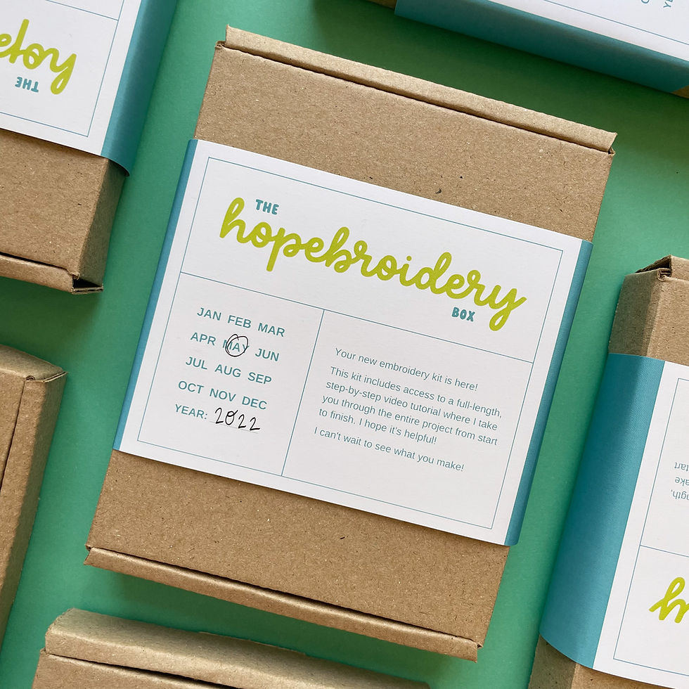 Thumbnail: The outside of the embroidery kit, with a label in blue, green, and white, affixed to a brown Kraft box.