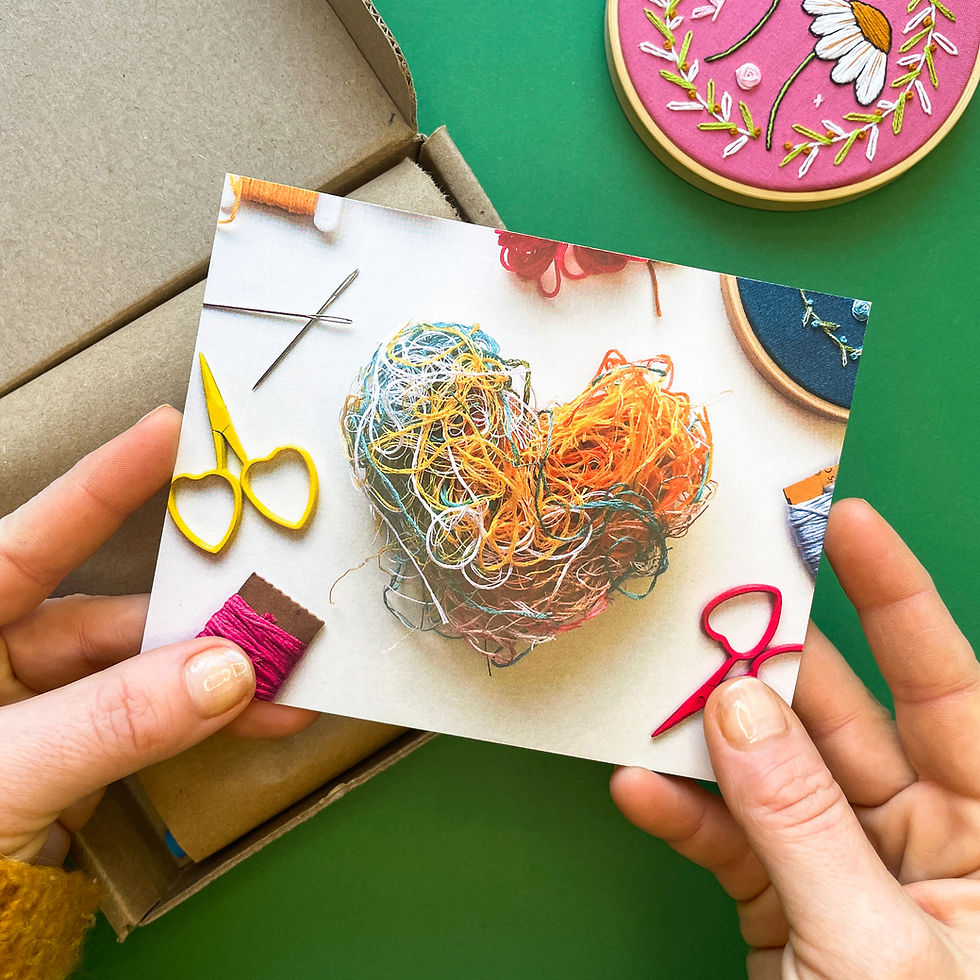 Thumbnail: Embroidery kit supplies for recreating a project with two daisies on pink fabric surrounded by vines, flowers, butterflies.