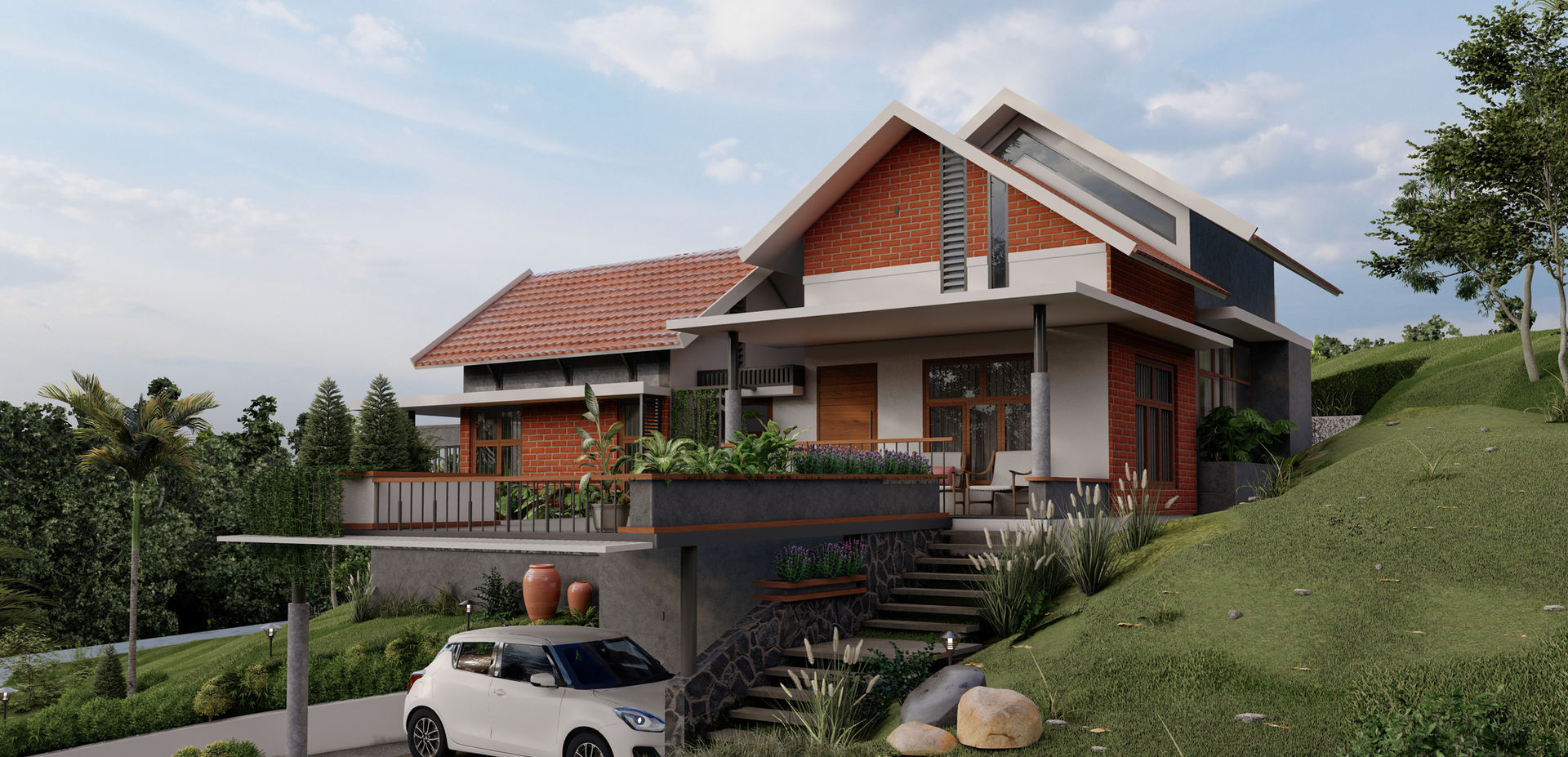 Architectural elevation design for a serene homestay nestled in the lush landscapes of Wayanad.