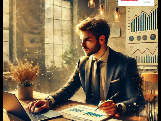 A professionally dressed businessman sits at a wooden desk in a warmly lit office, analyzing financial charts on paper and a laptop. Hanging pendant lights add to the inviting atmosphere, while a chart with rising and falling trends is visible in the background.