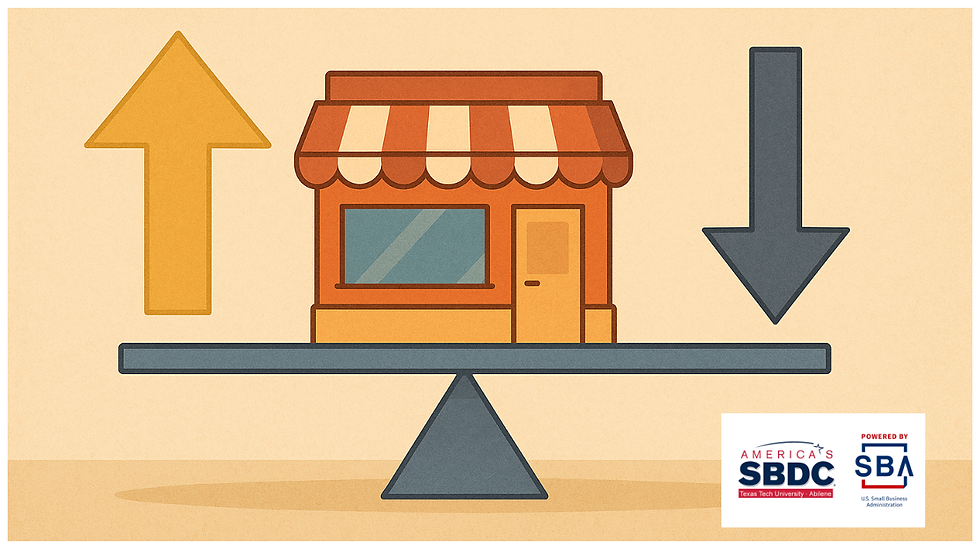 A small storefront balanced on a seesaw between an upward gold arrow and a downward gray arrow, symbolizing the challenges small businesses face as interest rates rise and fall. The background uses warm neutral tones, and the America’s SBDC at Texas Tech University – Abilene and SBA logos appear in the corner.