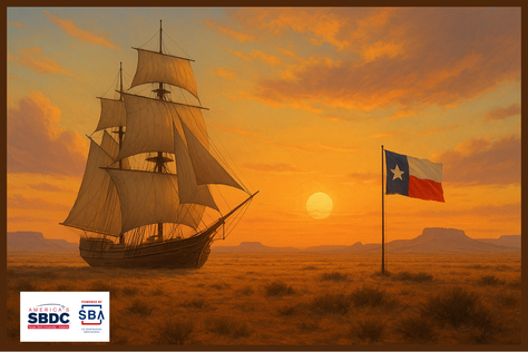 A symbolic image of entrepreneurship in rural West Texas showing a tall wooden sailing ship crossing golden desert plains under a vibrant Texas sunrise, with a Texas flag standing proudly beside it, representing guidance, determination, and new beginnings.