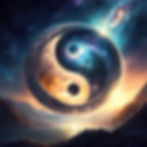 A circular Ying Yang symbol with a soft outer golden glow, the symbols two halves are composed of fire and cosmic energy, pushing and pulling against one another. The symbol floats above a body of sea water that sits between two mountain ranges and a sea of star can be seen in the background sky, along with an image of a far off galaxy. The image represents the serenity of balance in the presence of chaos.