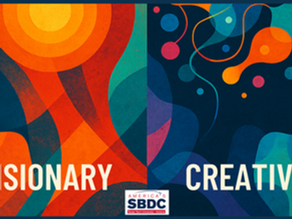 Abstract digital illustration divided into two halves. On the left, warm tones of red, orange, and yellow form the profile of a human face with concentric circles symbolizing the visionary mindset. On the right, cool blues, purples, and teals shape another profile filled with swirling, colorful bubbles representing creativity and imagination. The words ‘VISIONARY’ and ‘CREATIVE’ appear in bold cream letters below each side, with the America’s SBDC Texas Tech University – Abilene logo centered beneath.