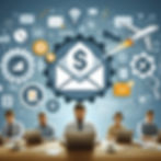 Image with 5 people sitting at a large desk with laptops in front of them, there are papers and coffee cups on the desk, signifying small business owners hard at work. Above their heads are numerous digital icon, imagery of email and digital communications, which is representative of digital and email marketing strategy.