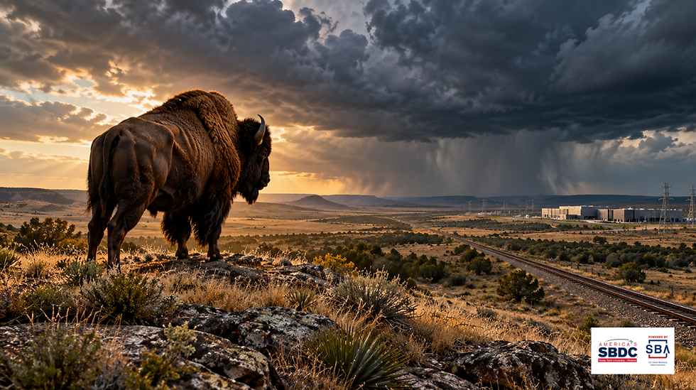 American bison facing a storm over a West Texas landscape, with railroad tracks, power infrastructure, and a modern data center in the distance.