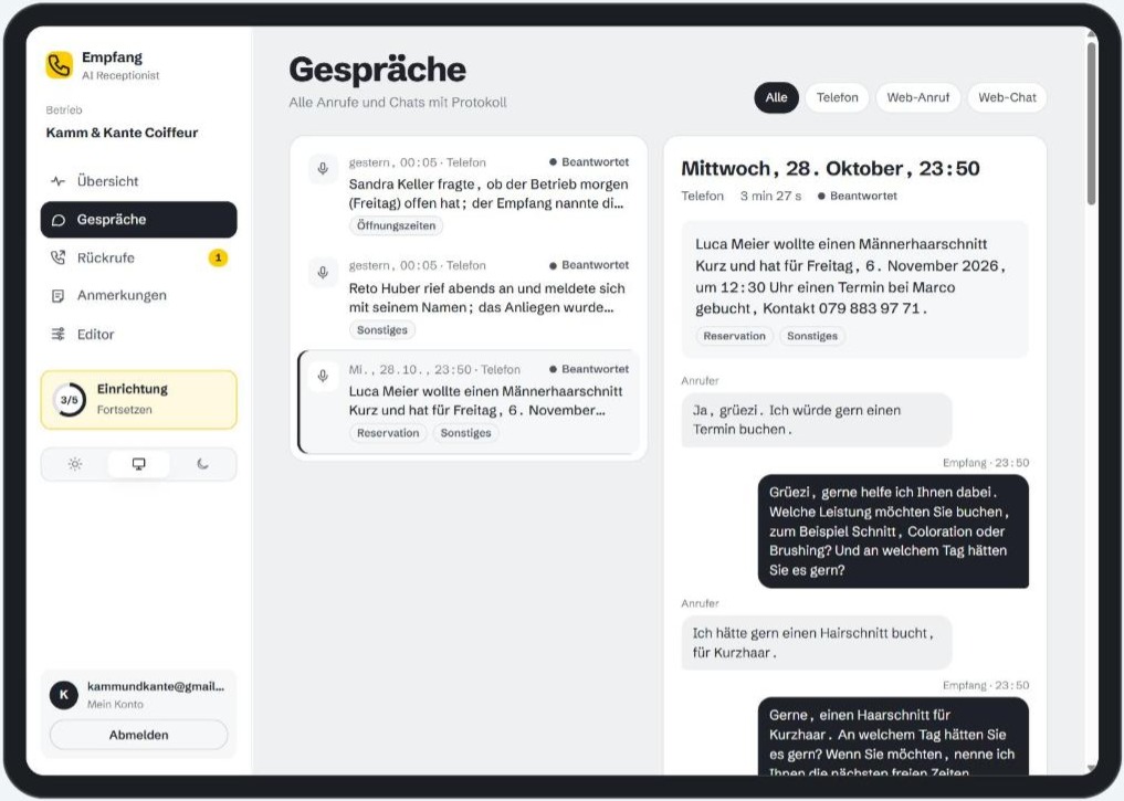 Talkalina Gesprächsprotokoll eines gebuchten Anrufs auf dem iPad