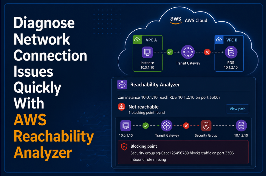 AWS diagram showing Reachability Analyzer diagnosing a blocked connection from EC2 10.0.1.10 to RDS 10.1.2.10 via Transit Gateway.