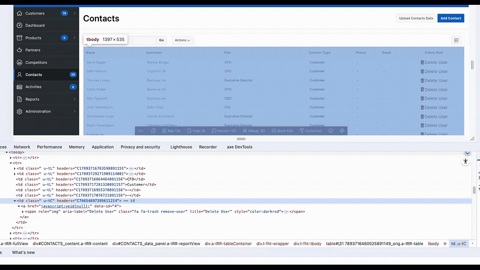 Browser window showing a contacts table and HTML code inspection. Sidebar with menu items. Buttons for uploading and adding contacts.