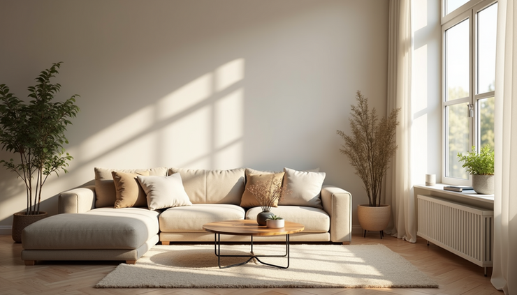Eye-level view of a calm, cozy living room with soft natural light