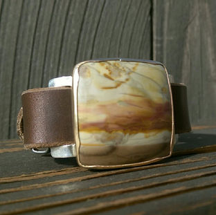 leather bracelet handmade adjustable watchband, T. Hawk Studio, willow creek jasper