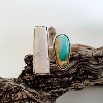 sterling silver, ring, statement, one of a kind, handmade, colorful, bold, western, style, fashion, royston turquoise, white buffalo, double finger
