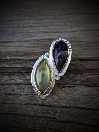 sterling silver, ring, statement, one of a kind, handmade, colorful, bold, western, style, fashion, blue sunstone and labordorite