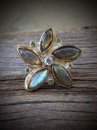 sterling silver, ring, statement, one of a kind, handmade, colorful, bold, western, style, fashion, labradorite, peridot, flower