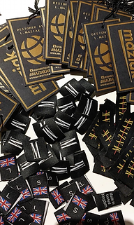 Custom Maziak Clothing embroidered labels and swing tags.