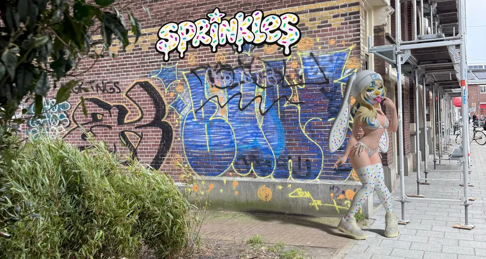 Maziak Sprinkles bunny girl illustration beside a graffiti-covered brick wall
