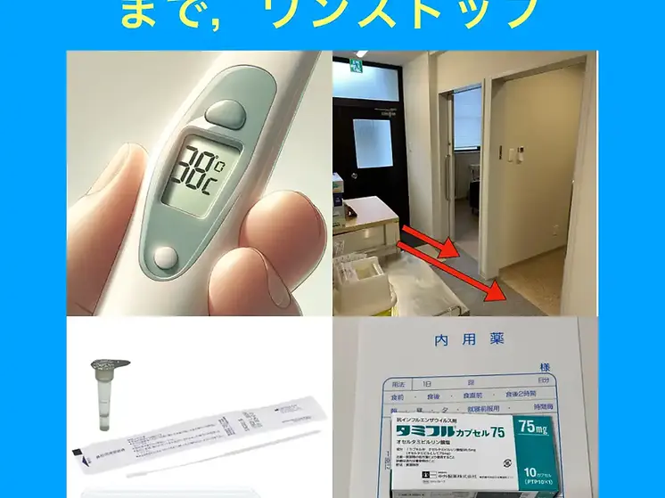 久留米市の井星医院の発熱外来では，インフルエンザ，コロナの検査後 ，お薬をその場で処方するワンストップの発熱外来を実施．