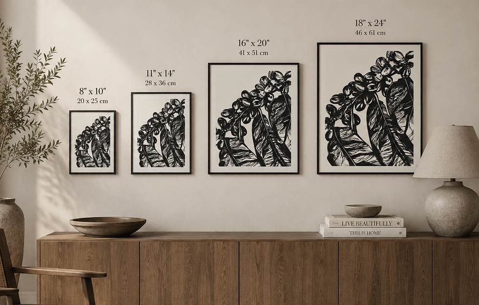 Size comparison for unframed art prints sold at Emily Black Designs. Please note: All art prints are printed edge to edge to allow for choice of framing, mat and frame not included.