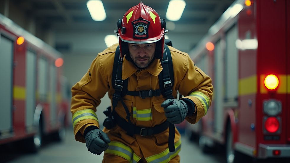 Eye-level view of a firefighter training with strength equipment