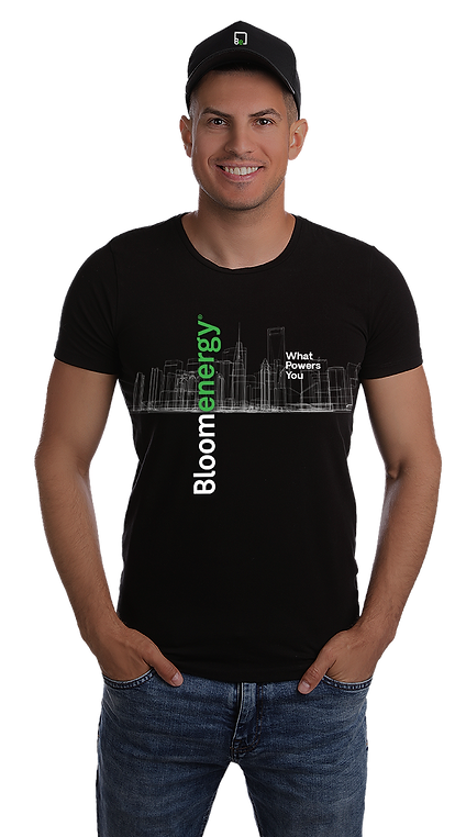 Image of black t-shirt and cap branded for Bloom Energy