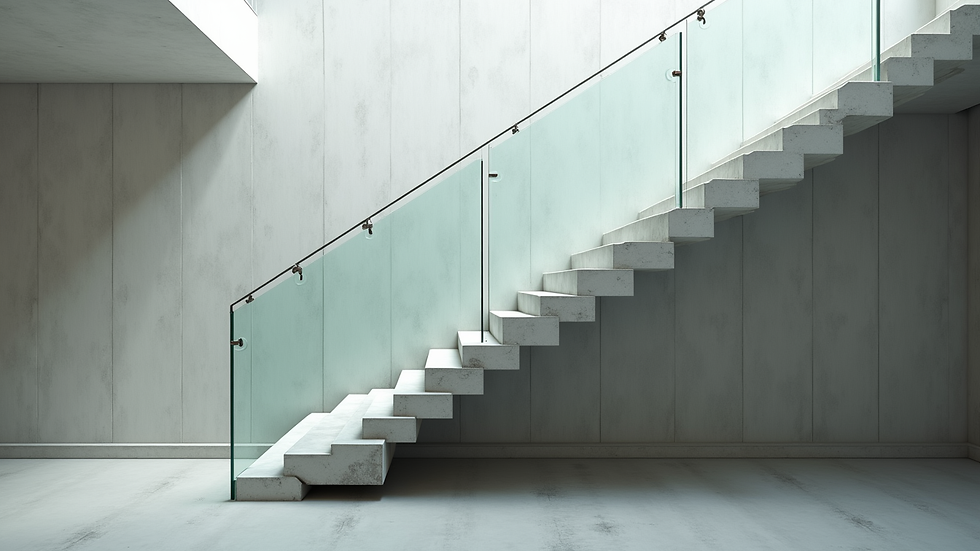 Eye-level view of modern floating concrete staircase with glass railing