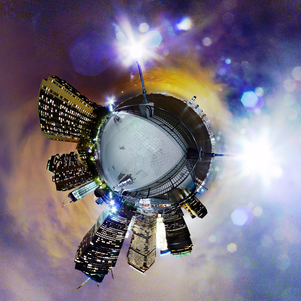 Residential towers in Battery Park City, New York City at night in 2012 with Spherescape 360 Panorama views of jersey city, Hudson River, and freedom tower under construction.