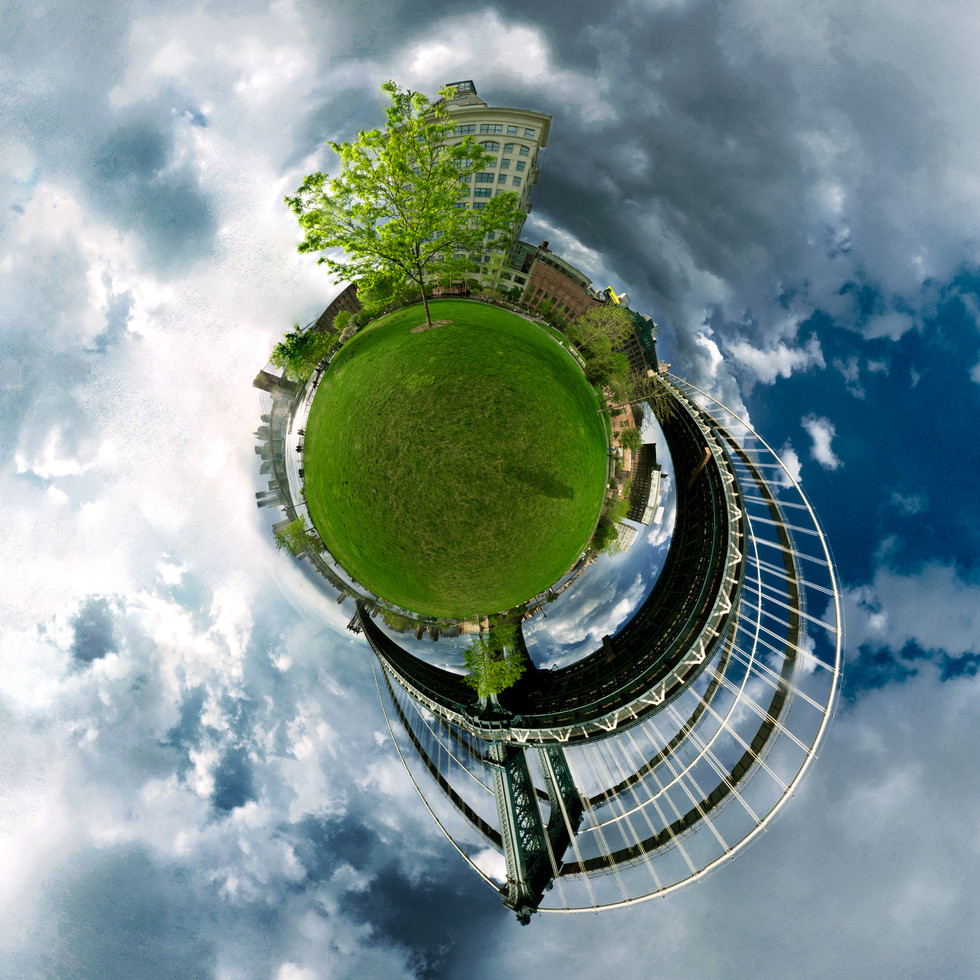 Spherescape 360 Panorama Main Street Park in DUMBO with view of Manhattan Bridge in profile. New York City, Brooklyn