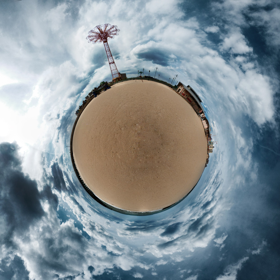 Spherescape 360 Panorama View of Parachute Drop from beach at Coney Island. Brooklyn, New York City