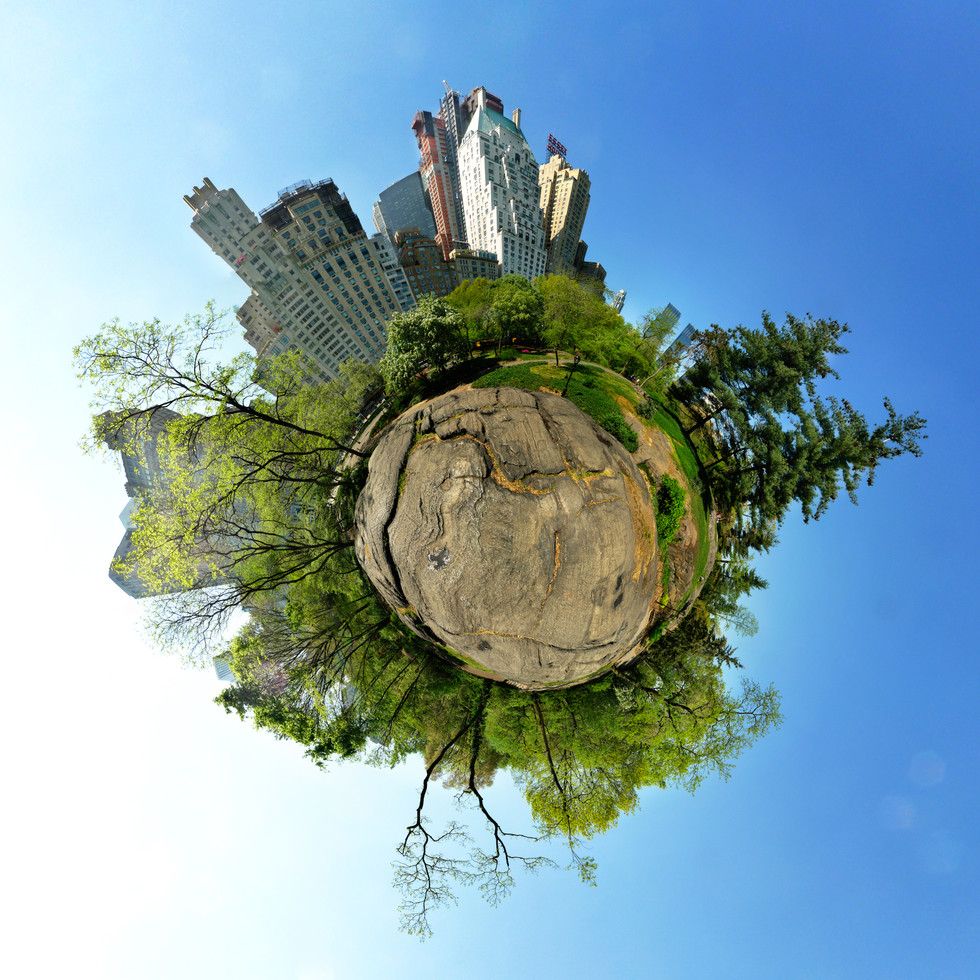 Famous bedrock outcropping along Central Park south and 59th street in New York city in the spring of 2012 Spherescape 360 Panorama