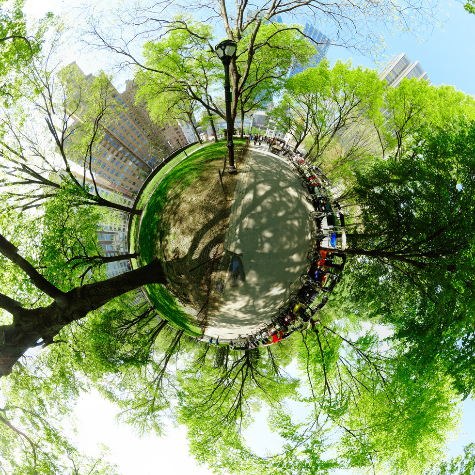 Pedicabs along a walkway in Central Park, New York City near Columbus Circle and the Maine Monument Spherescape 360 Panorama