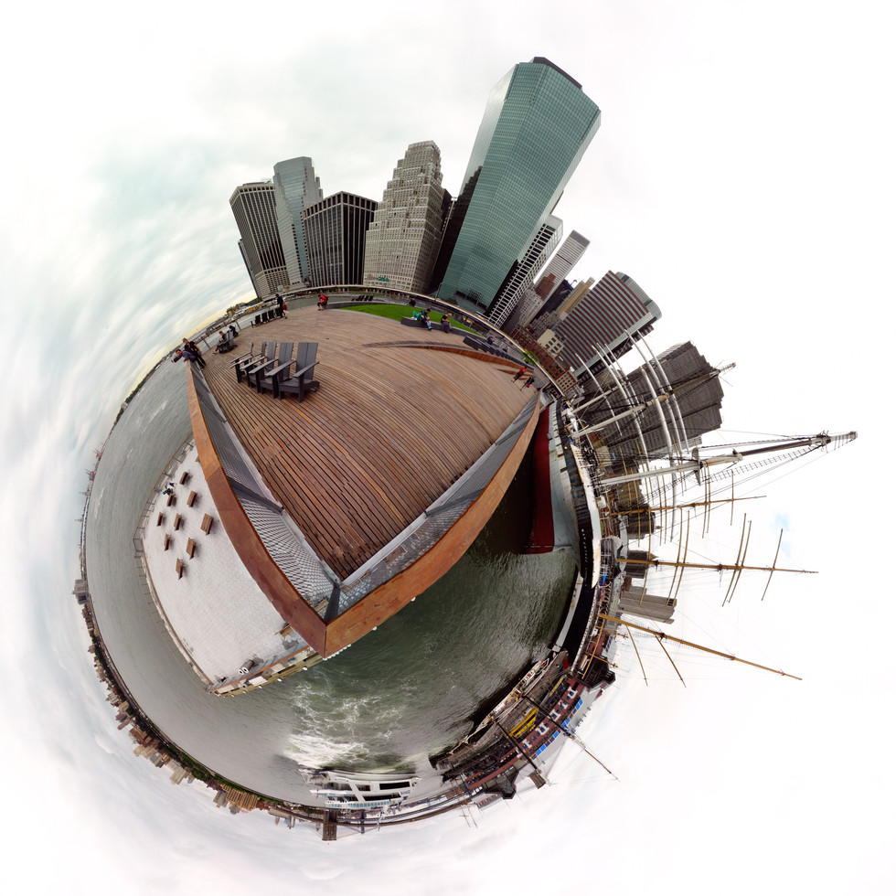 Spherescape 360 Panorama South St Seaport. New York City Financial District with view of East River and Brooklyn Bridge