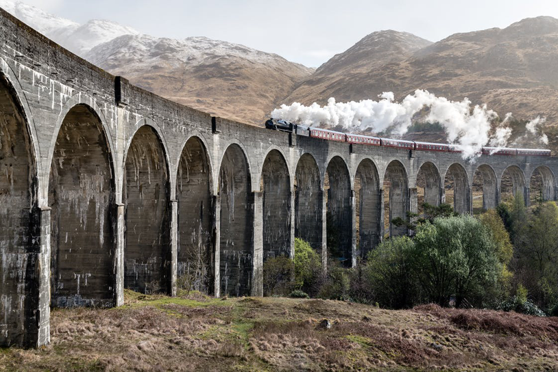 Train going over a bridge