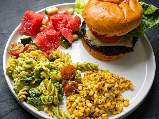 Cheeseburger Plate with Pesto Pasta Salad, Grilled Corn & Watermelon Cucumber Salad