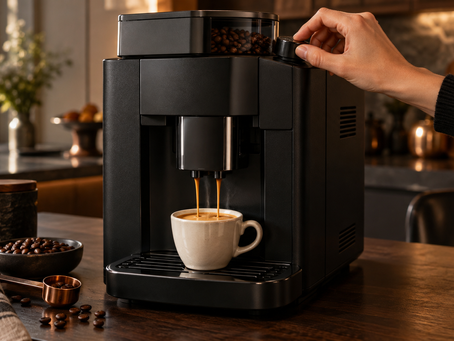 Machine à café en grain noire préparant un espresso pendant le réglage du moulin.