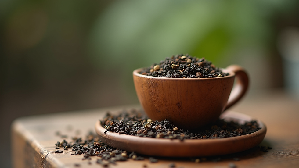 Vue rapprochée de feuilles de thé Earl Grey en vrac dans une cuillère en bois