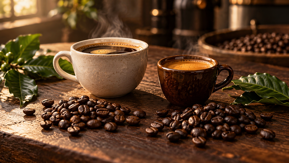 Deux tasses de café et des grains torréfiés disposés sur une table en bois, dans une lumière chaleureuse évoquant la comparaison entre différents profils de café.