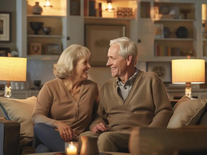 Senior couple enjoying conversation in a cozy living room, representing the benefits of hearing services