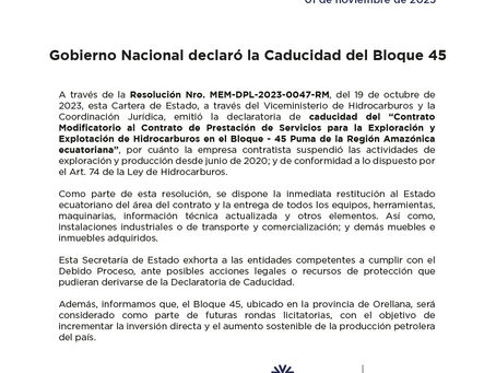 Gobierno Nacional declaró la Caducidad del Bloque 45