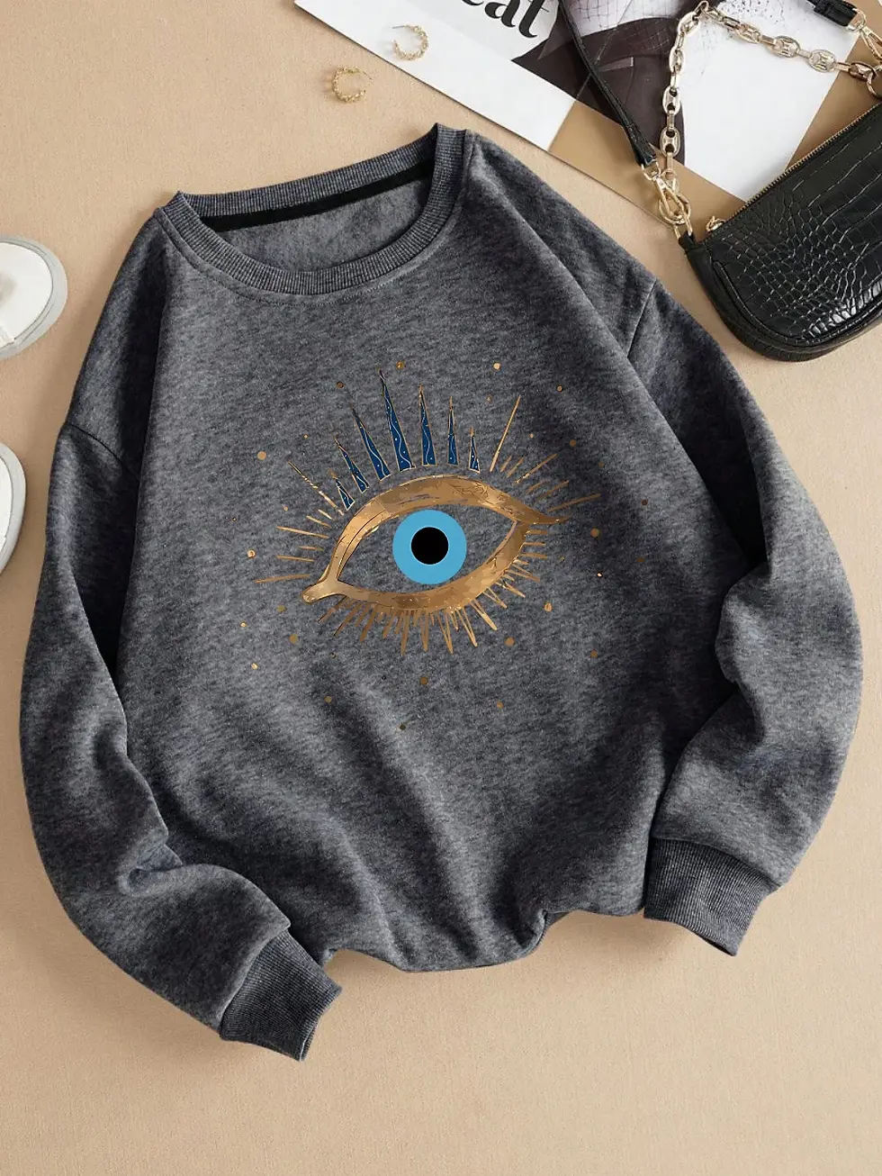 Küçük resim: Göz Detaylı Baskılı Pamuk Kadın Sweatshirt