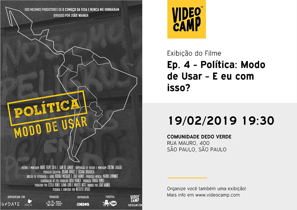 Material de divulgação. Mapa da América Latina todo cinza com o contorno dos países em branco. E a divulgação do encontro: 19 de fevereiro de 2019 às 19:30 na Comunidade Dedo Verde