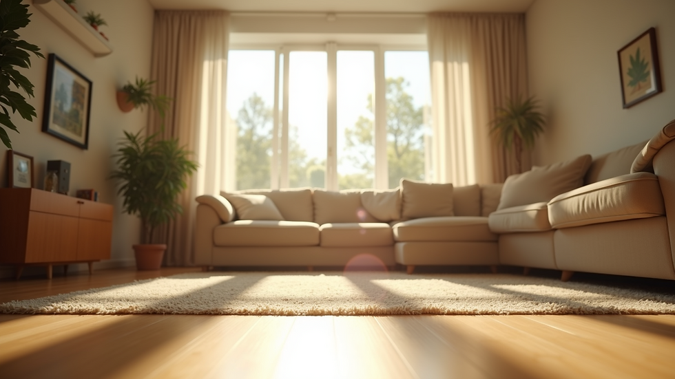 Eye-level view of a freshly cleaned living room with sunlight streaming through windows