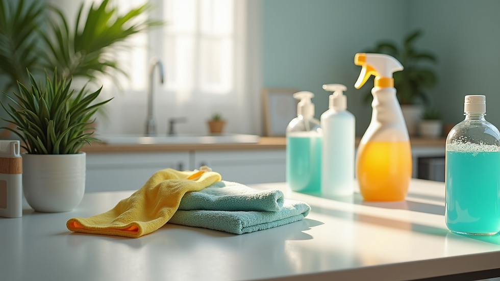 High angle view of cleaning supplies arranged neatly on a table