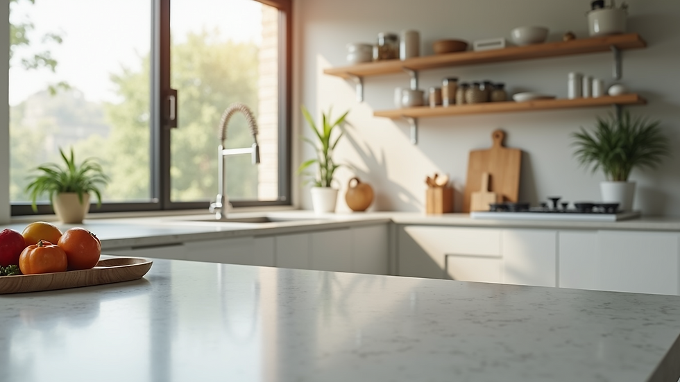 High angle view of a clean and organised kitchen countertop