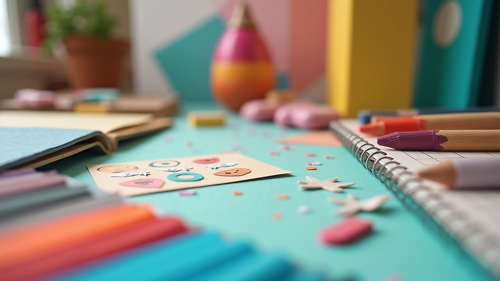 Eye-level view of a colorful DIY craft kit with various materials