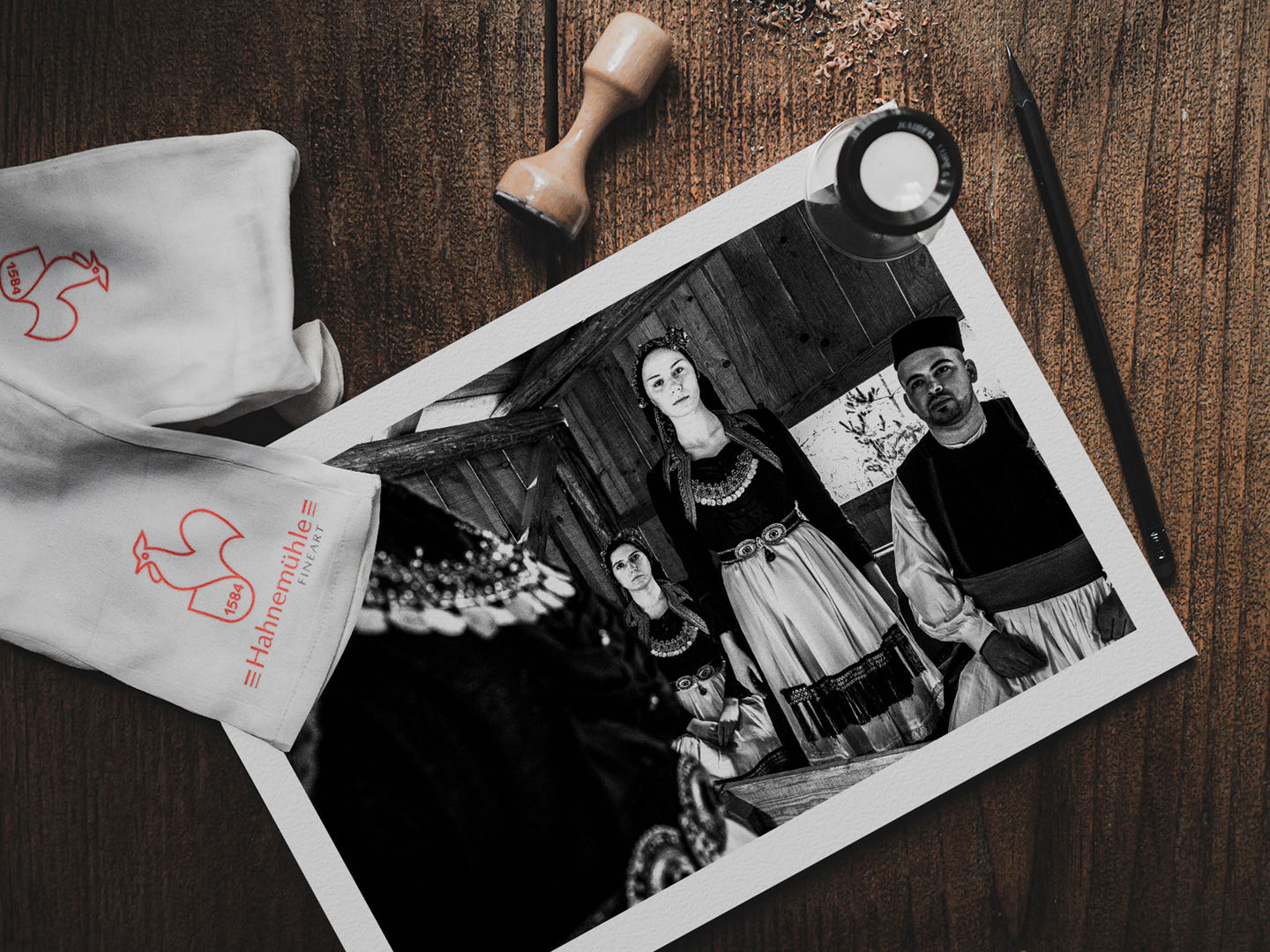 Vovoussa Local Sawmill print on a table. Black-and-white photography by George Tatakis.