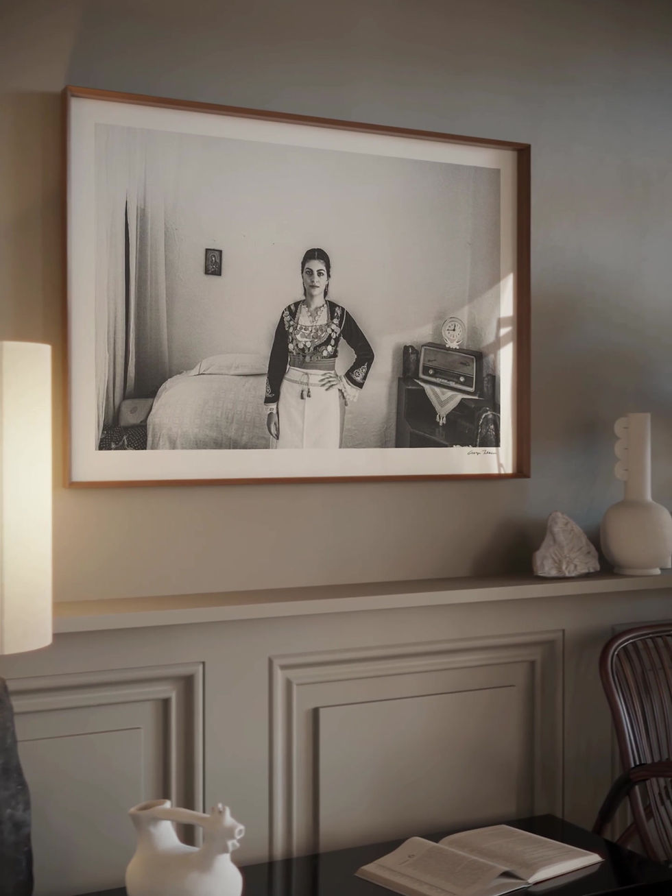 Thumbnail: Sartza Dress print framed inside a living room. Black-and-white photography by George Tatakis.