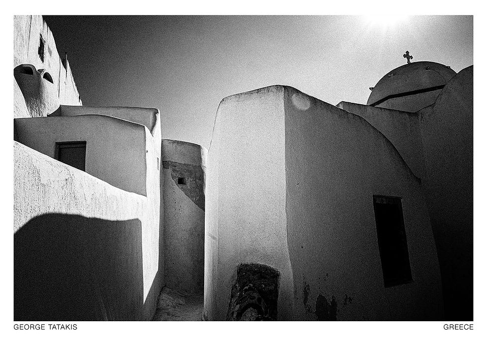 Architectural forms of Santorini. Black and white photography postcard by George Tatakis, project Chorōs.