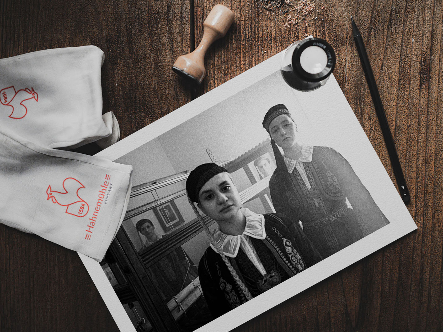 A Loom in Ioannina print on a table. Black-and-white photography by George Tatakis.