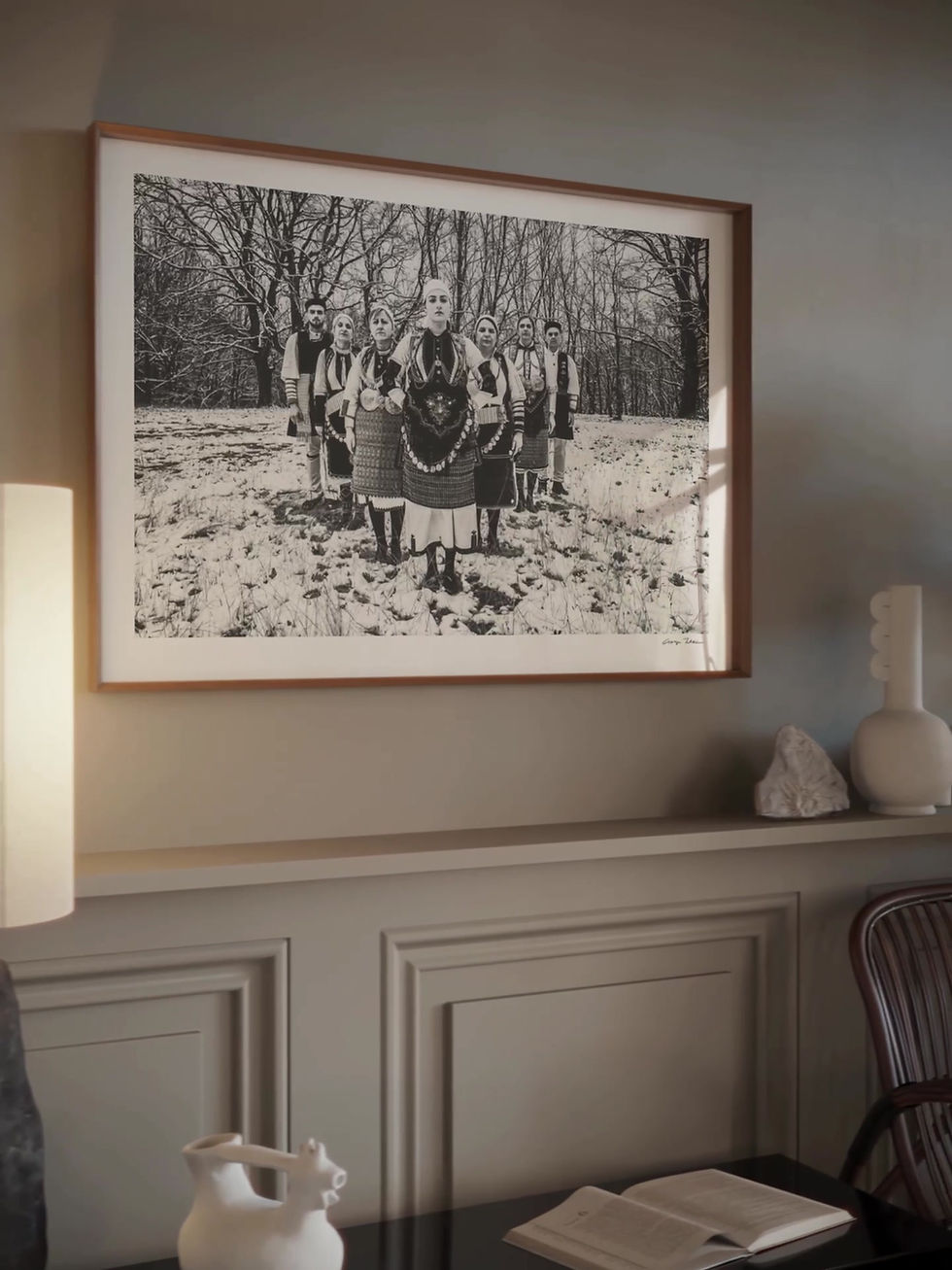 Thumbnail: Snow at Kladorachi print framed inside a living room. Black-and-white photography by George Tatakis.